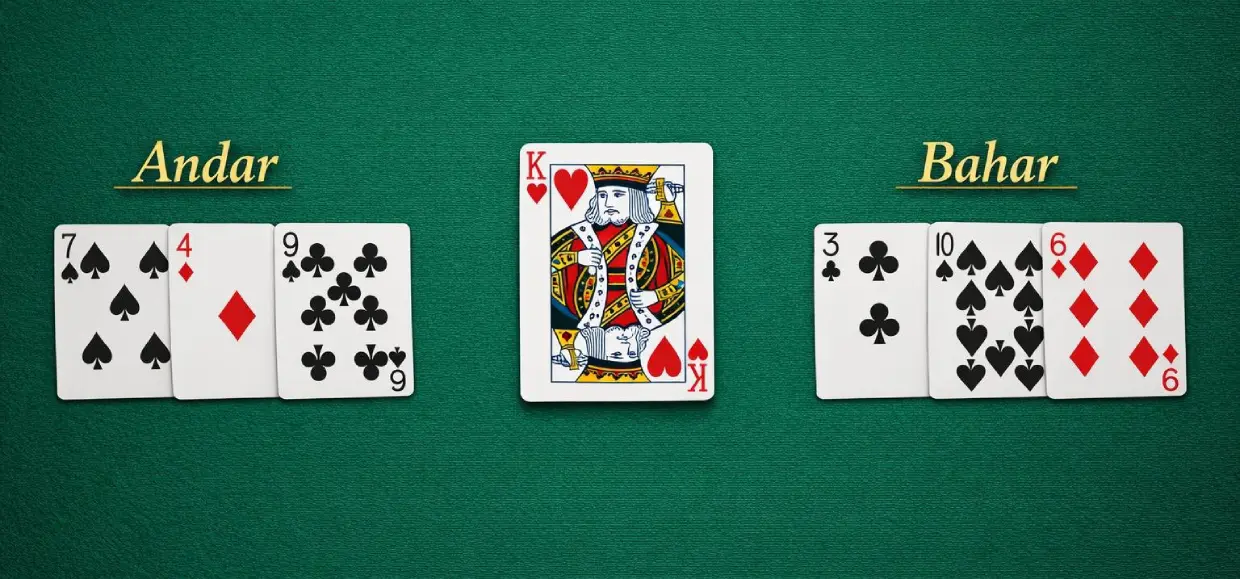Andar Bahar table layout showing joker card, Andar side, and Bahar side dealing sequence