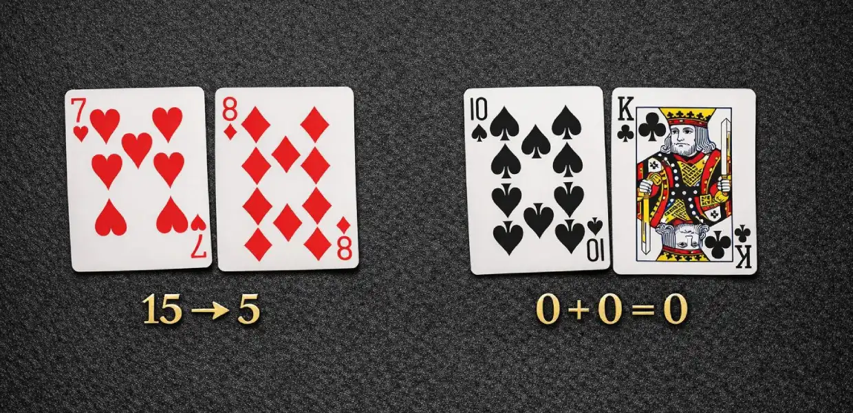 How baccarat hand totals are calculated showing the rightmost digit rule