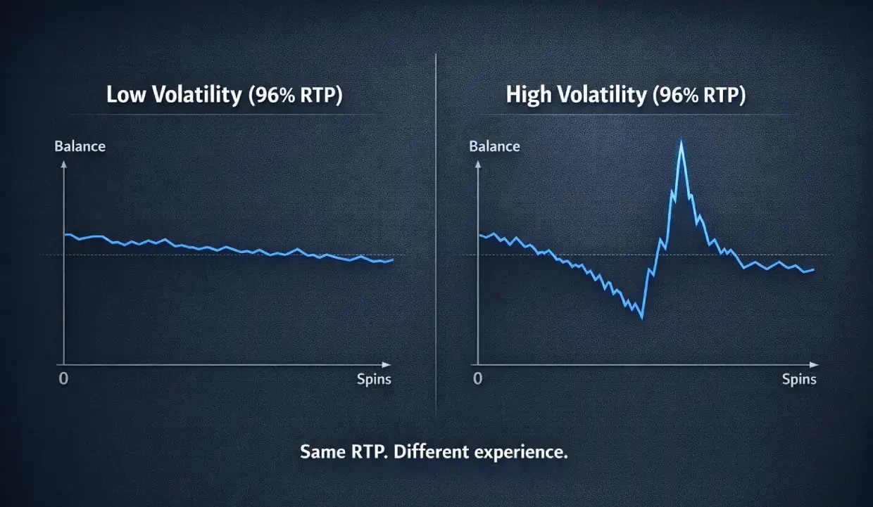 Low volatility vs high volatility slot session comparison showing identical RTP with different balance patterns