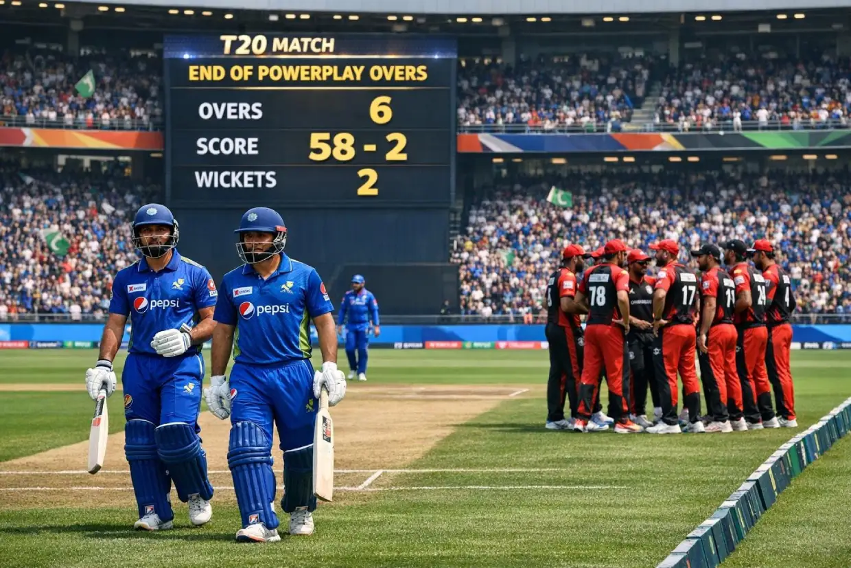 T20 powerplay over during a cricket match