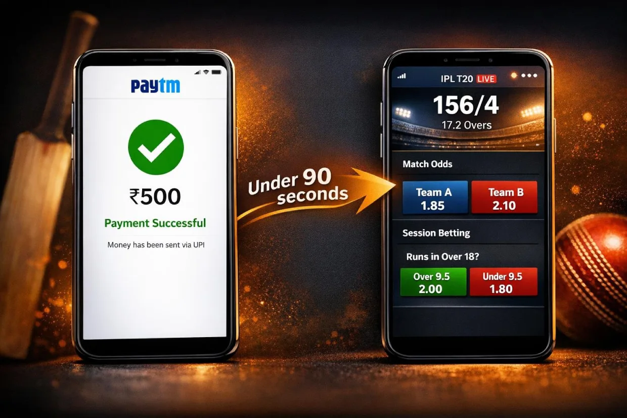 Paytm instant deposit to live cricket betting on SkyExchange mobile showing payment to bet flow